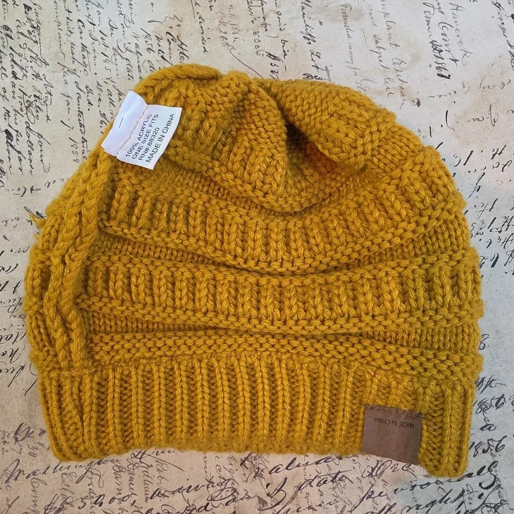 C.C. Brand Beanie Hat Women's One Size Mustard Yellow Cable Knit